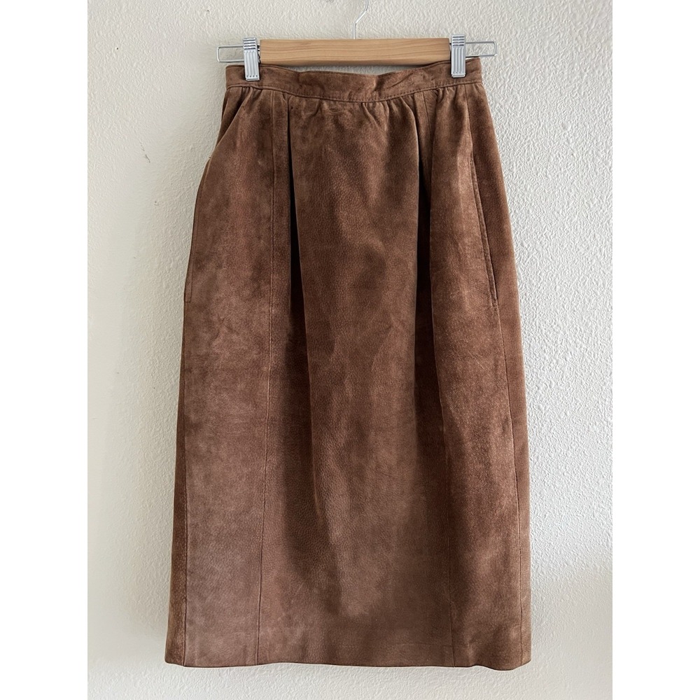 Vintage Gabriel Levy Leather Midi Skirt Sz 8 Brown High Waist A-Line Western
